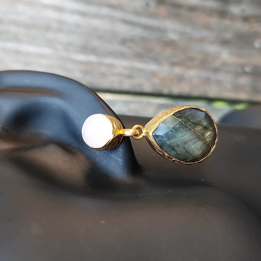 Gold-Tone Labradorite Drop Earrings with White Stone Accent